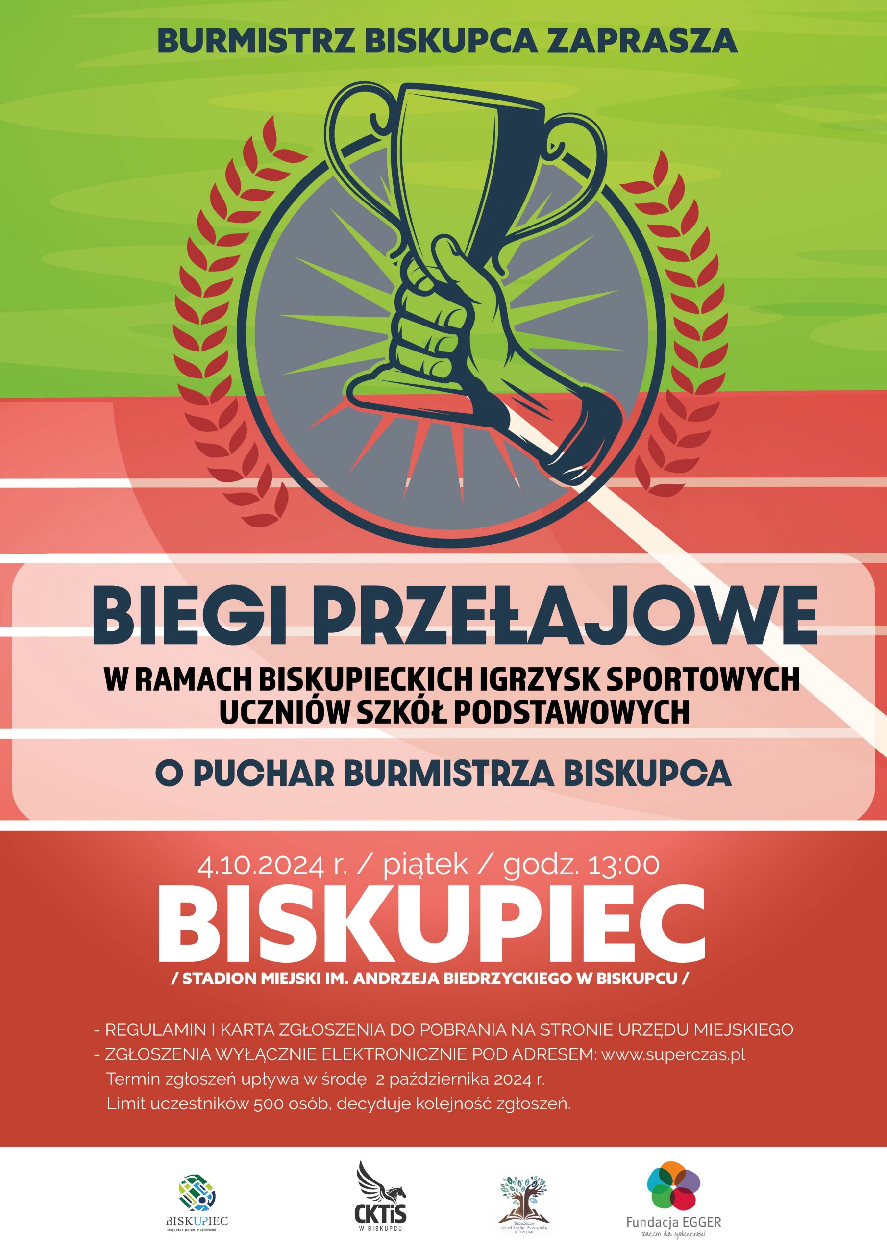 BIEGI PRZEŁAJOWE W RAMACH BISKUPIECKICH IGRZYSK SPORTOWYCH UCZNIÓW SZKÓŁ PODSTAWOWYCH O PUCHAR BURMISTRZA BISKUPCA 4.10.2024 R. / GODZ. 13:00 BISKUPIEC STADION MIEJSKI IM. ANDRZEJA BIEDRZYCKIEGO W BISKUPCU