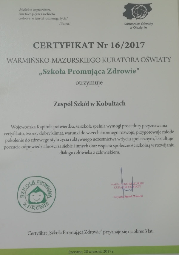 Szkoła Promująca Zdrowie - certyfikat