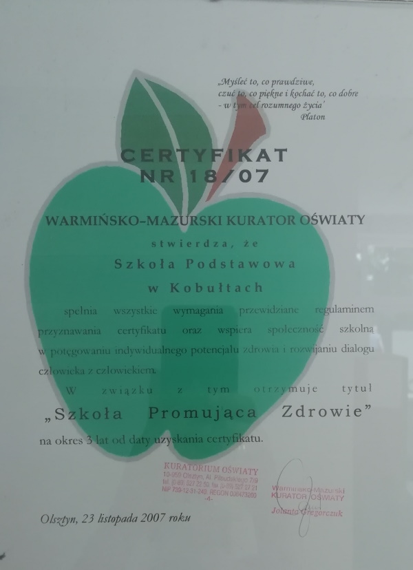 Szkoła Promująca Zdrowie - certyfikat z 2007