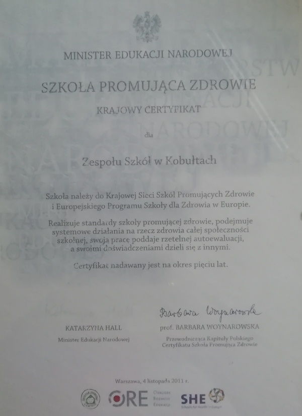 Szkoła Promująca Zdrowie - certyfikat 2011