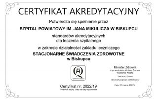 Certyfikat akredytacyjny szpitala powiatowego w biskupcu